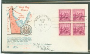 US 836 1938 3c Delaware Tercentenary (block of four) on an addressed first day cover with a Pavois cachet.