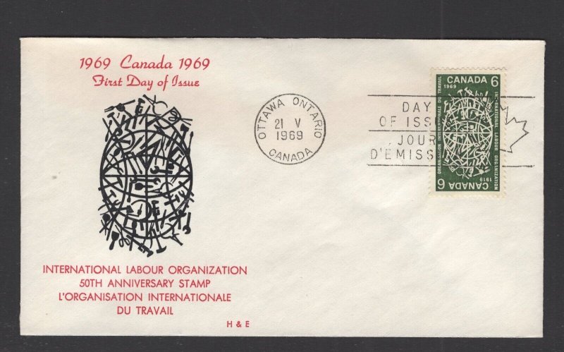 Canada #493  (1969 ILO issue) H&E cachet FDC unaddressed