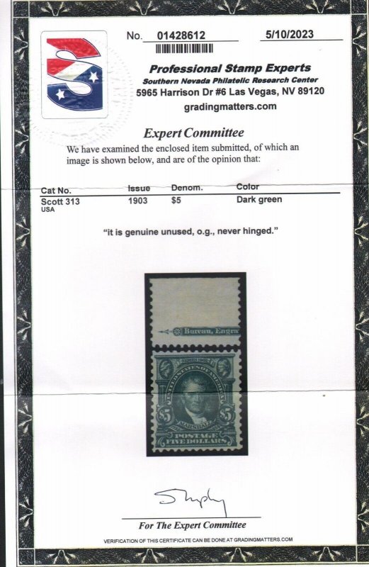 US SCOTT #313 MINT-XF-GEM-OG-NH W/ PF PSE CERTS FANTASTIC STAMP (5/31/23 GP)