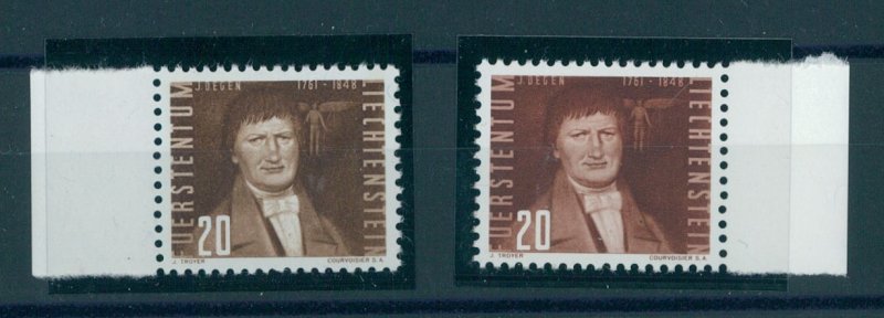 LIECHTENSTEIN, AIRPOST 20 CENTIMES, COLOR VARIANT + NORMAL, BOTH WITH SELVAGE NH