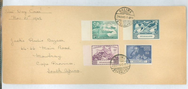 Nyasaland Protectorate 87-90 1949 Universal Postal Union (UPU)/75th Anniversary set of four on an addressed uncacheted FDC sent