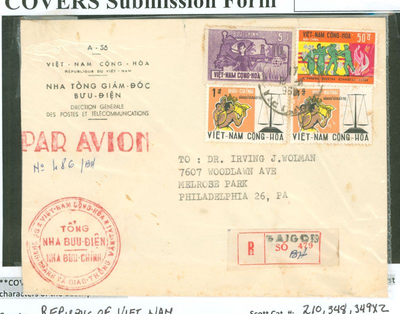 Vietnam/South (Empire/Republic) 210/348/349 Registered Cover - Saigon to USA.