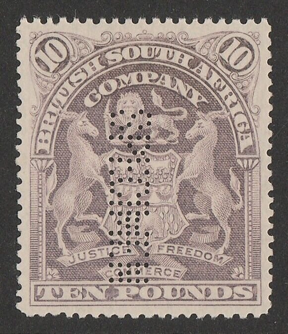 RHODESIA 1898 Arms £10 lilac, perf SPECIMEN. normal cat £4000.