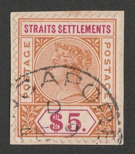 MALAYA - STRAITS SETTLEMENTS 1892 QV Key type $5 orange & carmine.