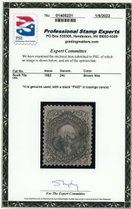 US Stamp #70a Washington 24c - PSE Cert - USED Black PAID cancel - CV $325.00