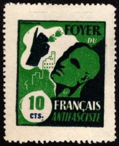 1937 Spain Civil War Propaganda Stamp 10 Centimos Home French Anti Fascists