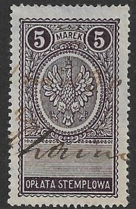 POLAND 1921-23 5m Perf. 14 1/2 General Duty Revenue Bft.27 Used