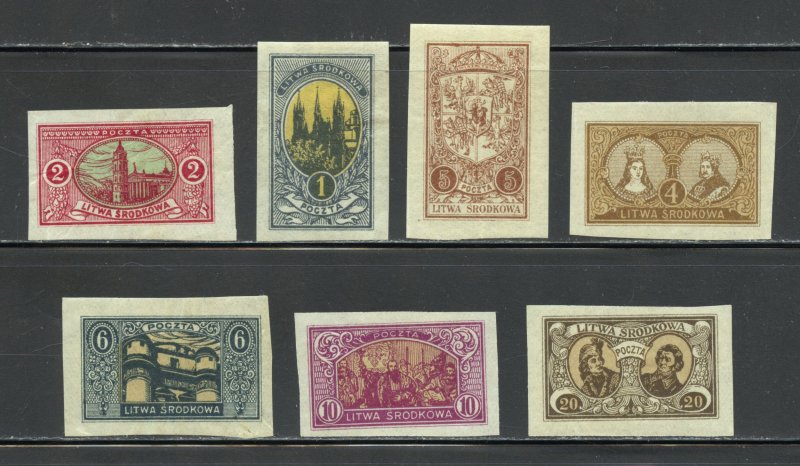 Central Lithuania Scott 35-36, 38-42 Unused HOG - 1921 Imperf Issues - SCV $4.70