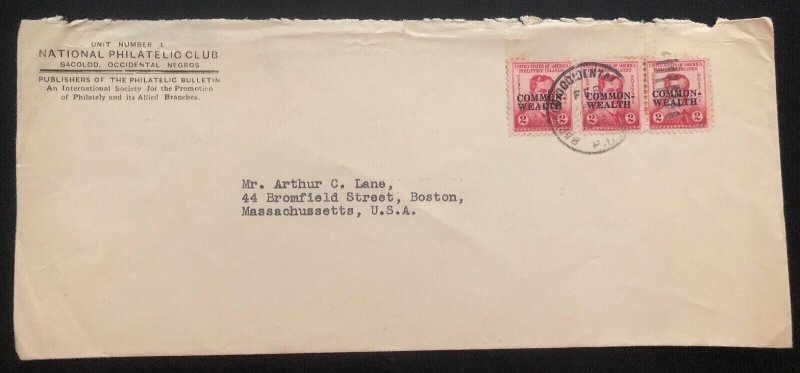 1938 Bacolod Philippines National Philatelic Club Cover To Boston MA Usa
