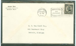 US 611 2c Black Harding Memorial stamp (imperf) franking this February 1924 cover sent from and within Detroit, Michigan.