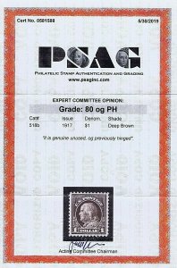 SC# 518b UNUSED OG PH $1 FRANKLIN 1917 2019 PSAG CERT GRADED VF 80  HIGH CAT ...