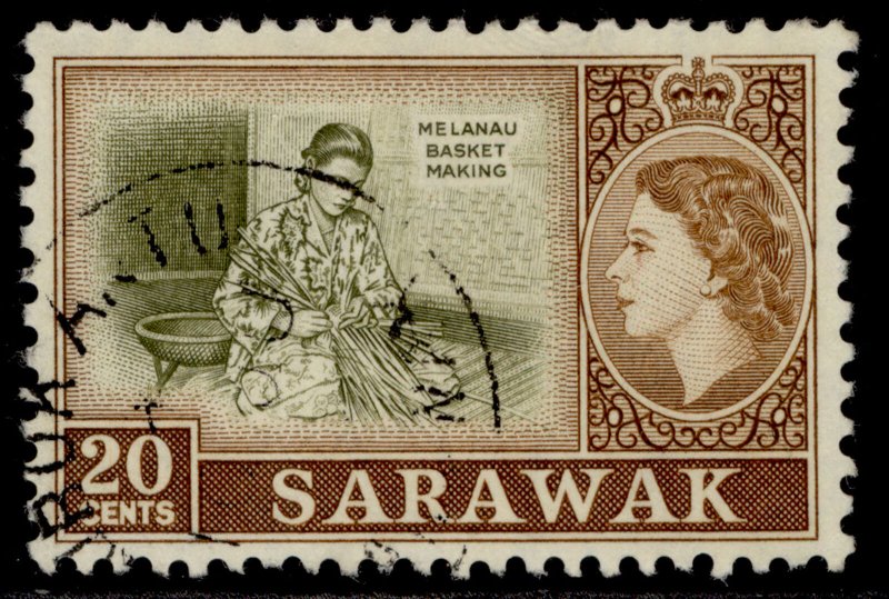 SARAWAK QEII SG210, 20c olive & brown, FINE USED.