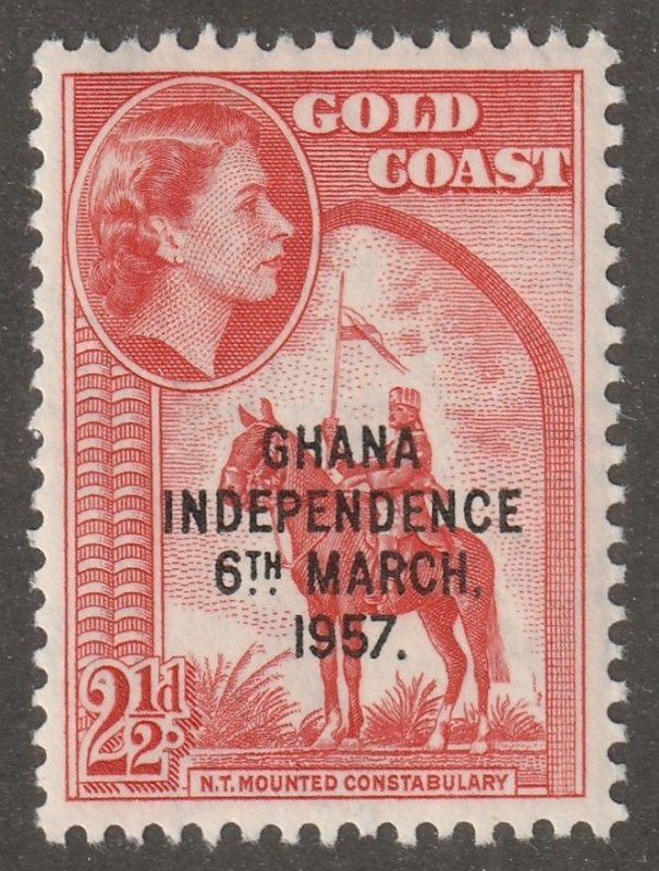 Ghana,  Stamp, Scott#25,  Mint, Hinged, 2 1/2d, Independence, Red, Horse, Flag