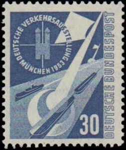 Germany #698-701, Complete Set(4), 1953, Aviations-Airplanes, Ships, Automoti...