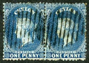 Ceylon SG63ax 1d Dull Blue Pair Wmk Crown CC Reversed Used