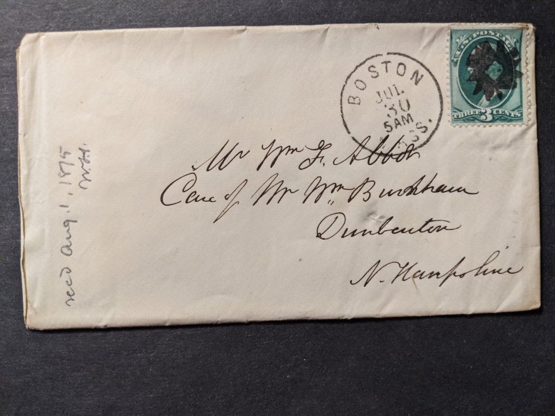 1875 FANCY CANCEL Postal History Cover Boston, Mass to Dunbarton, NH 