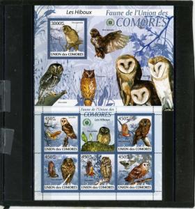 COMORO ISLANDS 2009 BIRDS/OWLS SHEET OF 5 STAMPS & S/S MNH 