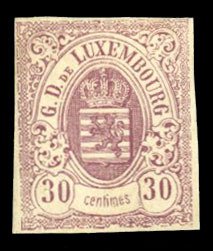 Luxembourg #10 Cat$405, 1859 30c rose lilac, original gum (hinged), margins a...