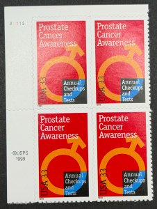 USA, 1999, SC# 3315, Plate Block, Prostate Cancer Awareness, MNH, VF