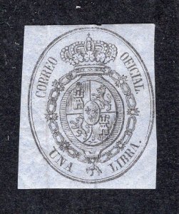 Spain 1855-63 1 l black on gray blue Official, Scott O8 MH, value = $14.50