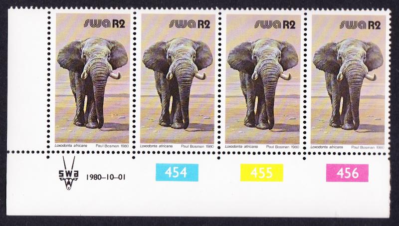 SWA African Elephant 2R Strip of Four with Date and Control Numbers SG#365