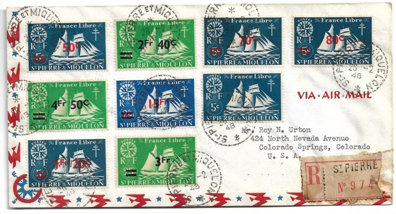 St. Pierre & Miquelon - 1948 Reg cover to USA - 1945 Schooner Surcharges (all 8)