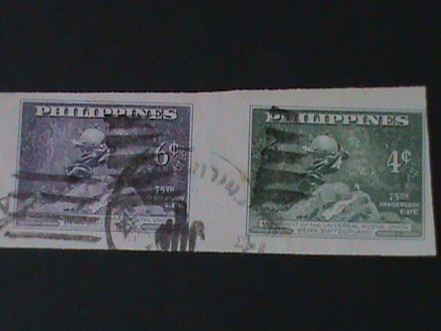 ​PHILIPPINES-1949-SC#534 a-b 75TH ANNIV: UPU IMPERF PAIR FANCY CANCEL-VF