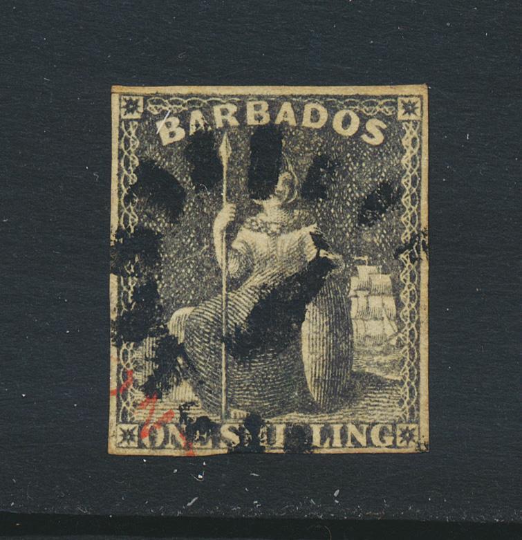 BARBADOS 1858, 1sh BROWN BLACK, VFU SG#12 CAT£110 $140 (SEE BELOW