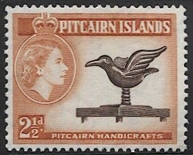 PITCAIRN ISLANDS 1957 Sc 23 2-1/2d  QEII Mint LH, Bird Carving