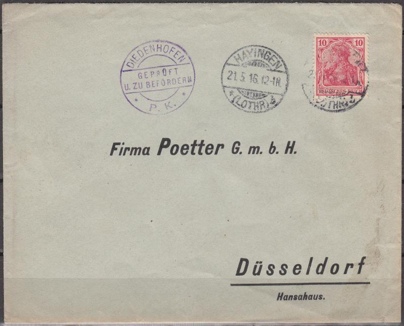 Germany - 21.5.1916 10pf Germania as single franking on cover (2466)