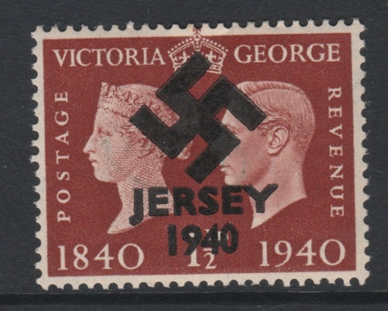 Jersey 1940 Swastika opt on Great Britain KG6 Centenary 1.5d brown