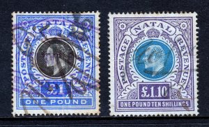NATAL — SCOTT 96, 97 — 1902 £1 AND £1.10 KEVII ISSUES — USED, REVENUE CANCELS