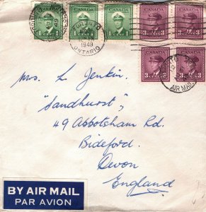 CANADA COVER SCOTT 249 (STRIP OF 3) AND 242 (BLOCK OF 4) FROM TORONTO TO UK 1949