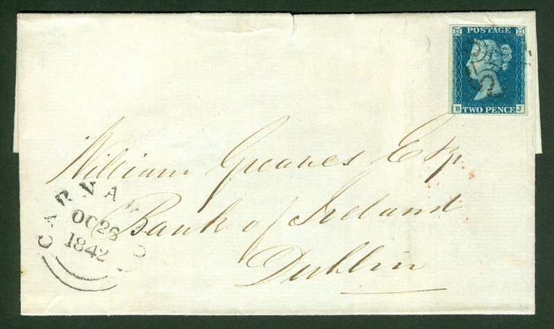 1840 2d blue plate 2 lettered BJ with 4 close to large margin on cover to...