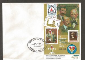 1986 Bolivia Scout World Jamboree Australia ovpt SS stamp-on-stamp FDC