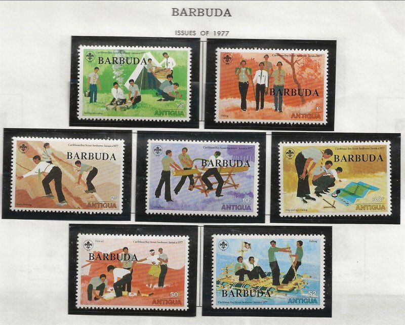 BARBUDA Sc 290-96+296a NH SET+S/S of 1977 - OVERPRINTS ON ANTIGUA ISSUE - SCOUTS 