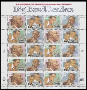 US #3096 - 99, 32c Big Band Leaders,  Sheet, VF mint never hinged, Fresh Shee...