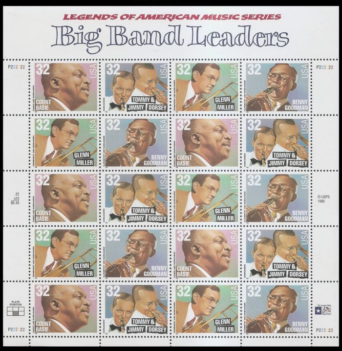 US #3096 - 99, 32c Big Band Leaders,  Sheet, VF mint never hinged, Fresh Shee...