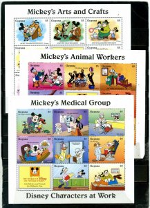 GUYANA 1995 DISNEY CHARACTERS AT WORKS 3 SHEETS OF 8 STAMPS & LABEL MNH