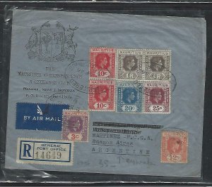 MAURITIUS COVER (P1311B) 1946 KGVI  3C+10C2+12C+20C+25+1RX2 REG A/M TO ARGENTINA