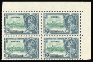 Jamaica 1935 KGV 6d block with LIGHTNING CONDUCTOR variety MNH. SG 116,116c.