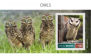 Maldives 2019 MNH Birds of Prey on Stamps Owls Southern White-Faced Owl 1v S/S