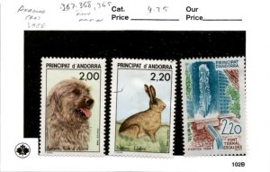 Andorra French, Postage Stamp, #367, 368, 365 Mint Hinged, 1988 Dog, Rabbit