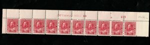 Canada #106 Very Fine Never Hinged Plate #19 Block Full Top Strip Of Ten