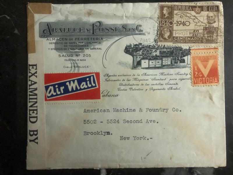 1942 Habana Cuba Censored Advertising Airmail cover to Brooklyn NY USA