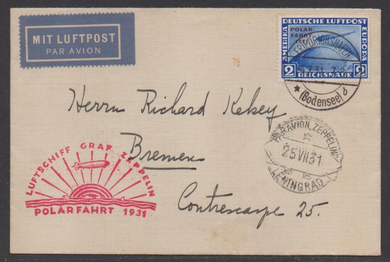 **Germany Graf Zeppelin Cover, SC# C41, Tied to Cover, Black CDS, 7/15/1931