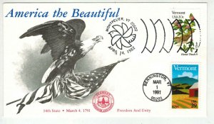 1991 VERMONT STATEHOOD + Birds/Flowers DUAL KMC FDC Nice!