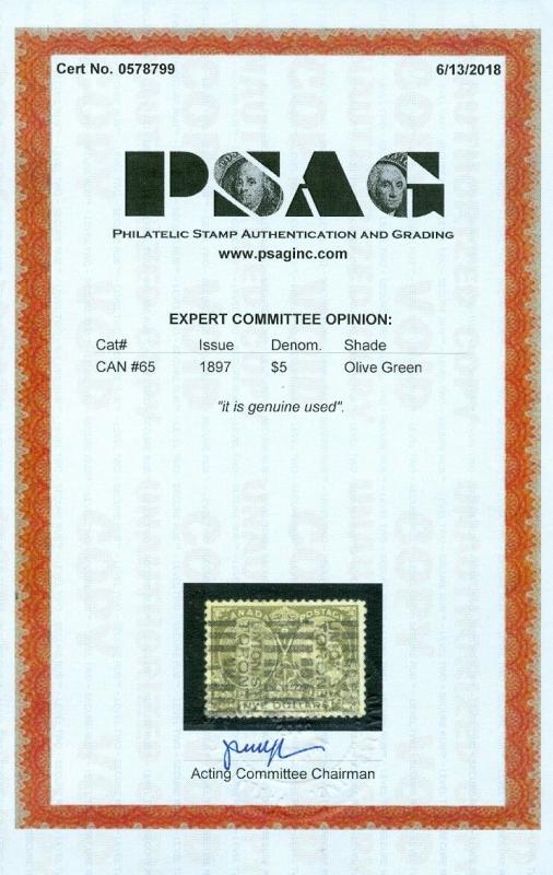 EDW1949SELL : CANADA 1897 Scott #65 Extra Fine, Used with deep color. PSAG Cert.