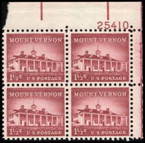 US #1032 MOUNT VERNON MNH UR PLATE BLOCK #25410