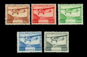 JAPAN  1929 AIRMAIL Passenger plane over Lake Ashi set Sk A1-5 (Sc C3-C7)mint NH